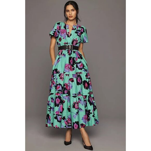 NWT Anthropologie Somerset Maxi in Turquoise Floral Cotton Dress L - Picture 1 of 5